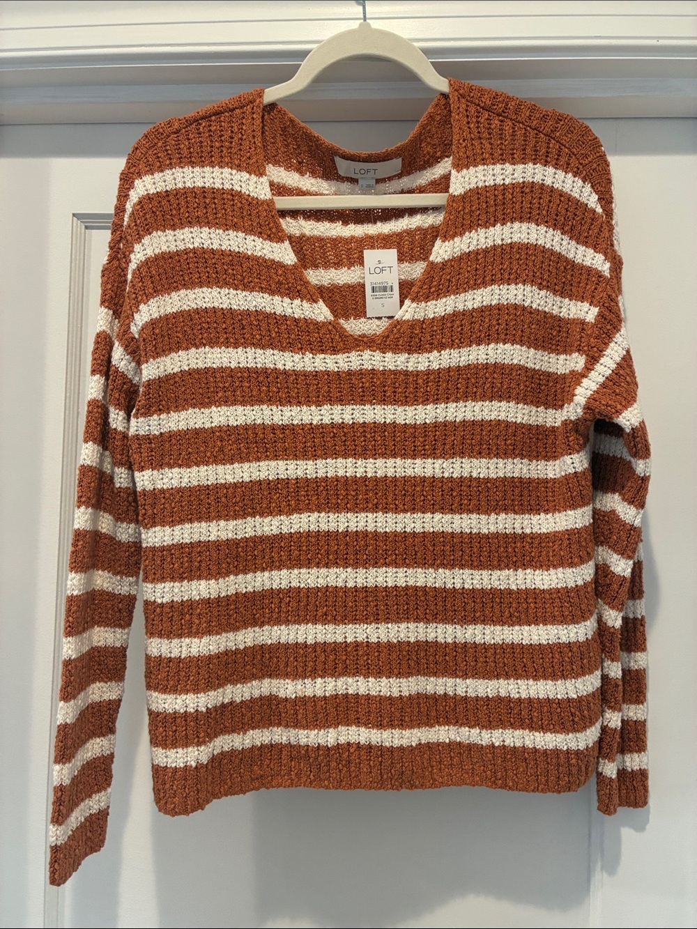 LOFT Rust and White Striped V-Neck Knit Sweater